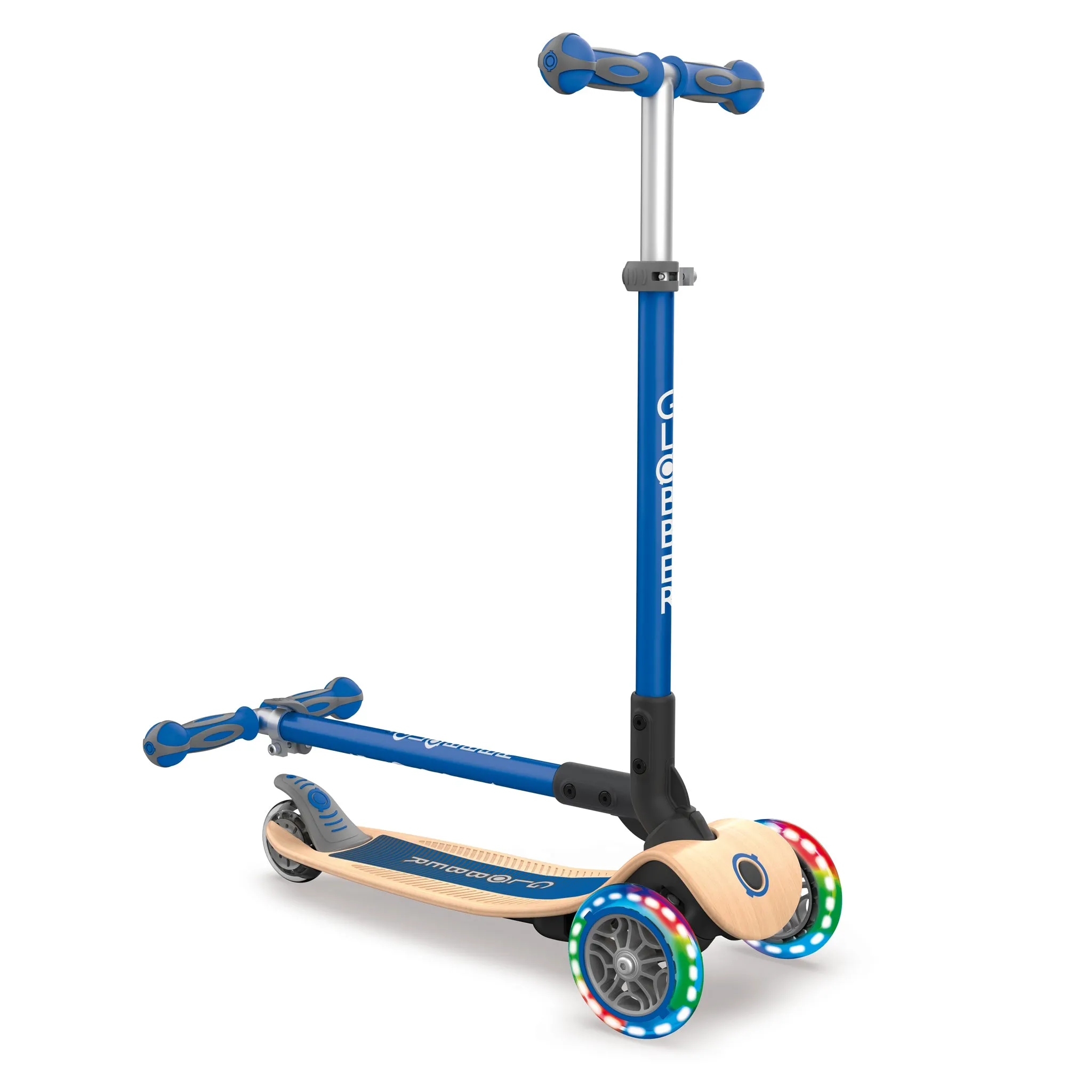 Globber Primo Foldable Wood Lights Scooter - Navy Blue (3y - 7y)