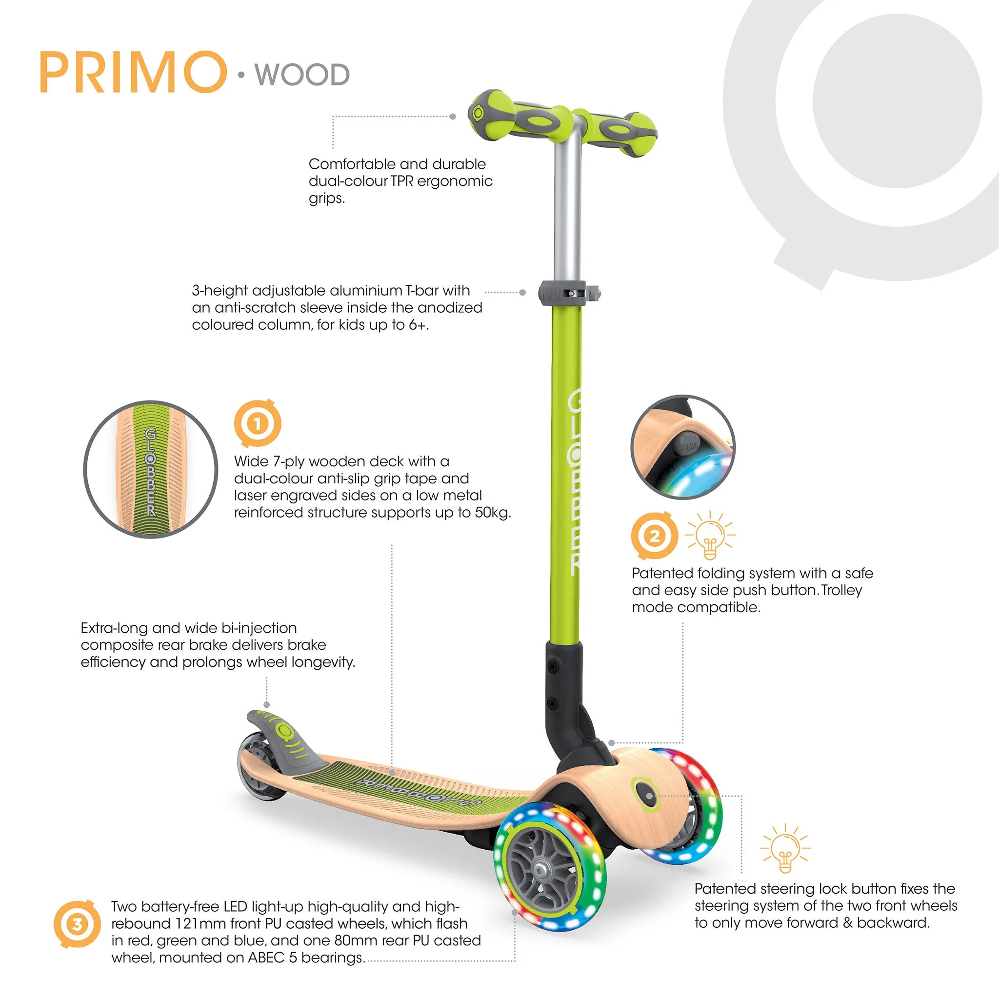 Globber Primo Foldable Wood Lights Scooter - Pink (3y - 7y)