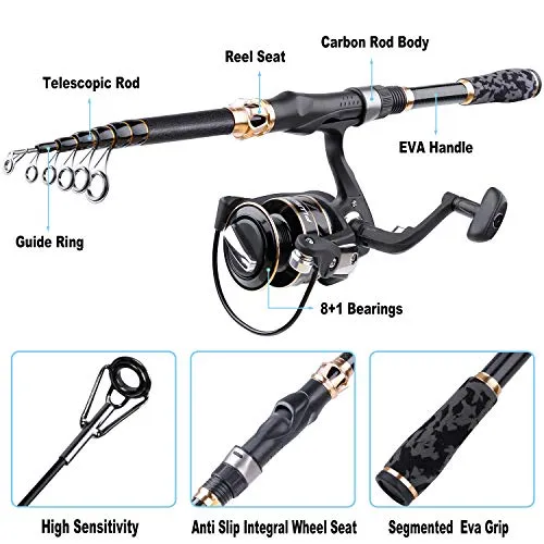 PLUSINNO Fishing Rod and Reel Combo,Fishing Pole,Telescopic Fishing Rod Kit with Spinning Reel, Telescopic Fishing Pole with Carrier Bag for Freshwater Saltwater for Men Women