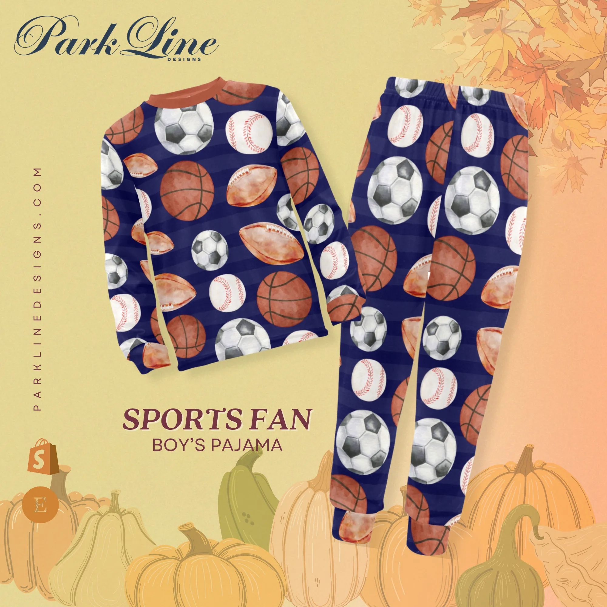Sports Fan Boys' Pajama Set | Crew Neck Long Pajama Set with Sports Ball Pattern | Soft Long Sleeve Sleepwear for Lounging and Relaxing