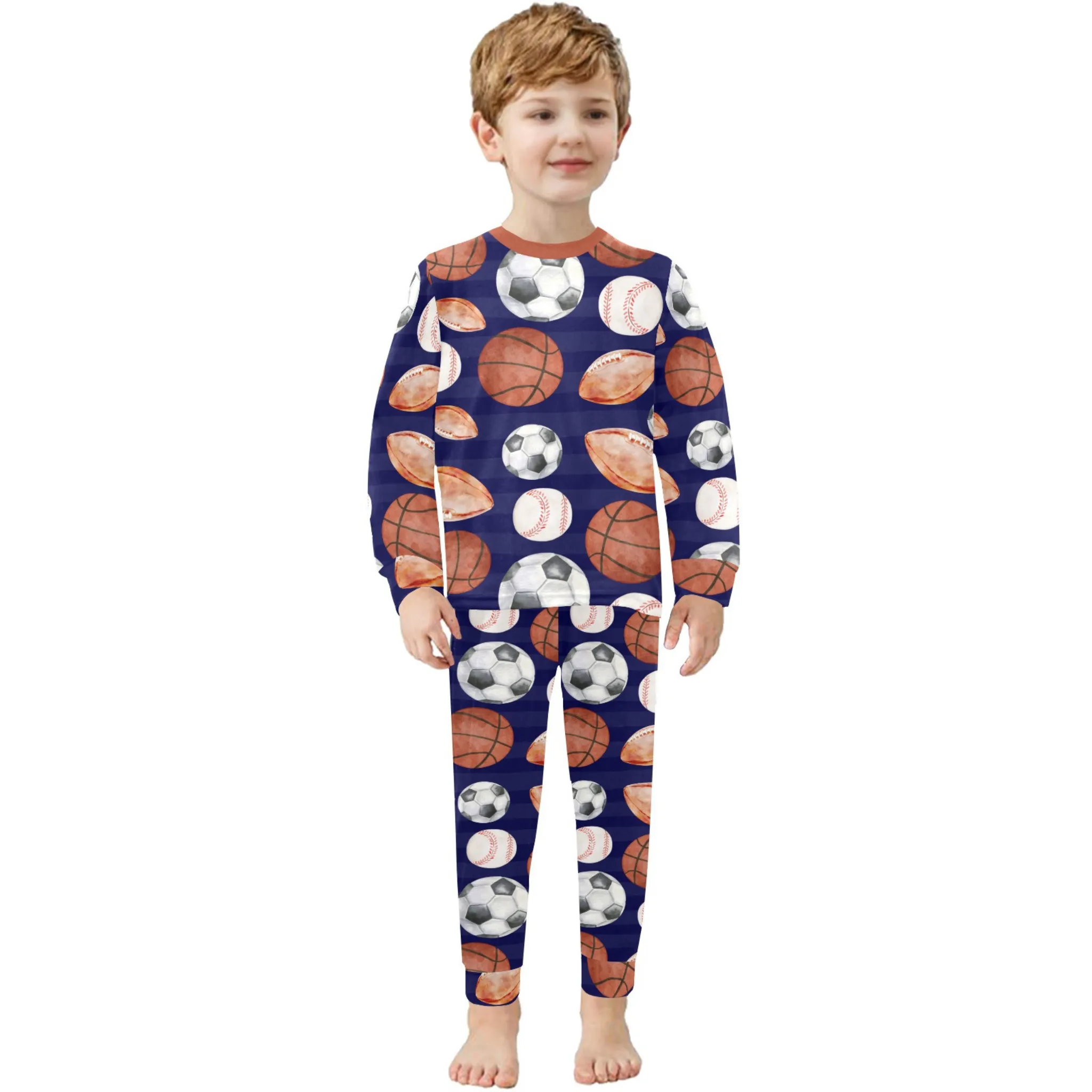 Sports Fan Boys' Pajama Set | Crew Neck Long Pajama Set with Sports Ball Pattern | Soft Long Sleeve Sleepwear for Lounging and Relaxing