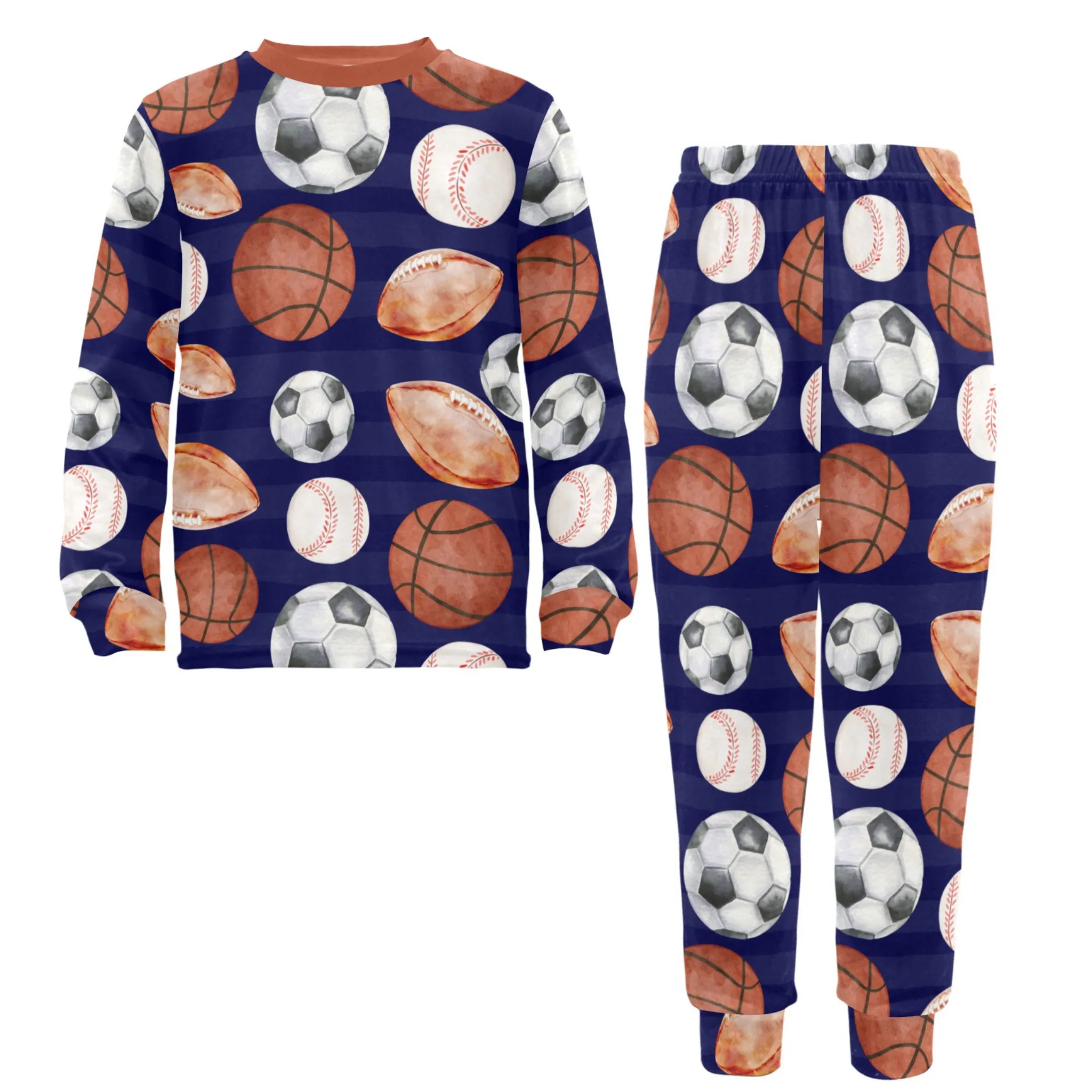 Sports Fan Boys' Pajama Set | Crew Neck Long Pajama Set with Sports Ball Pattern | Soft Long Sleeve Sleepwear for Lounging and Relaxing