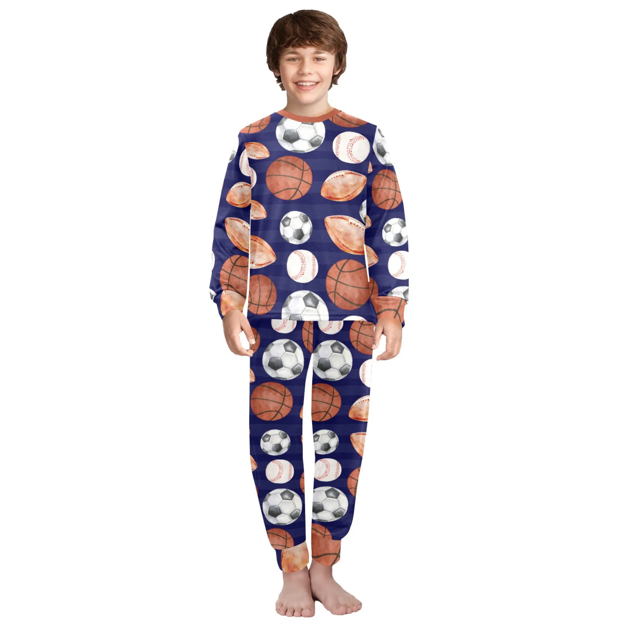 Sports Fan Boys' Pajama Set | Crew Neck Long Pajama Set with Sports Ball Pattern | Soft Long Sleeve Sleepwear for Lounging and Relaxing