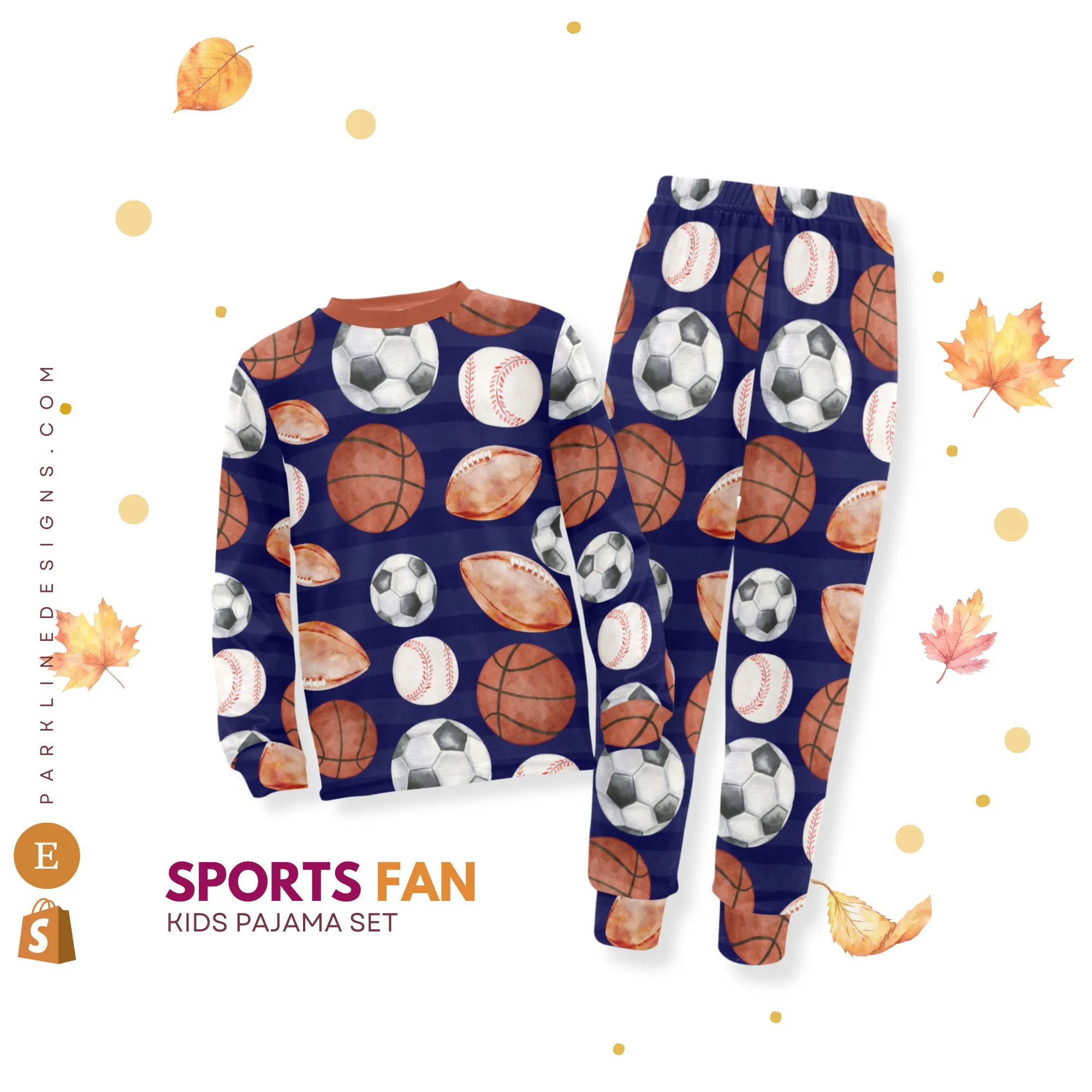 Sports Fan Boys' Pajama Set | Crew Neck Long Pajama Set with Sports Ball Pattern | Soft Long Sleeve Sleepwear for Lounging and Relaxing