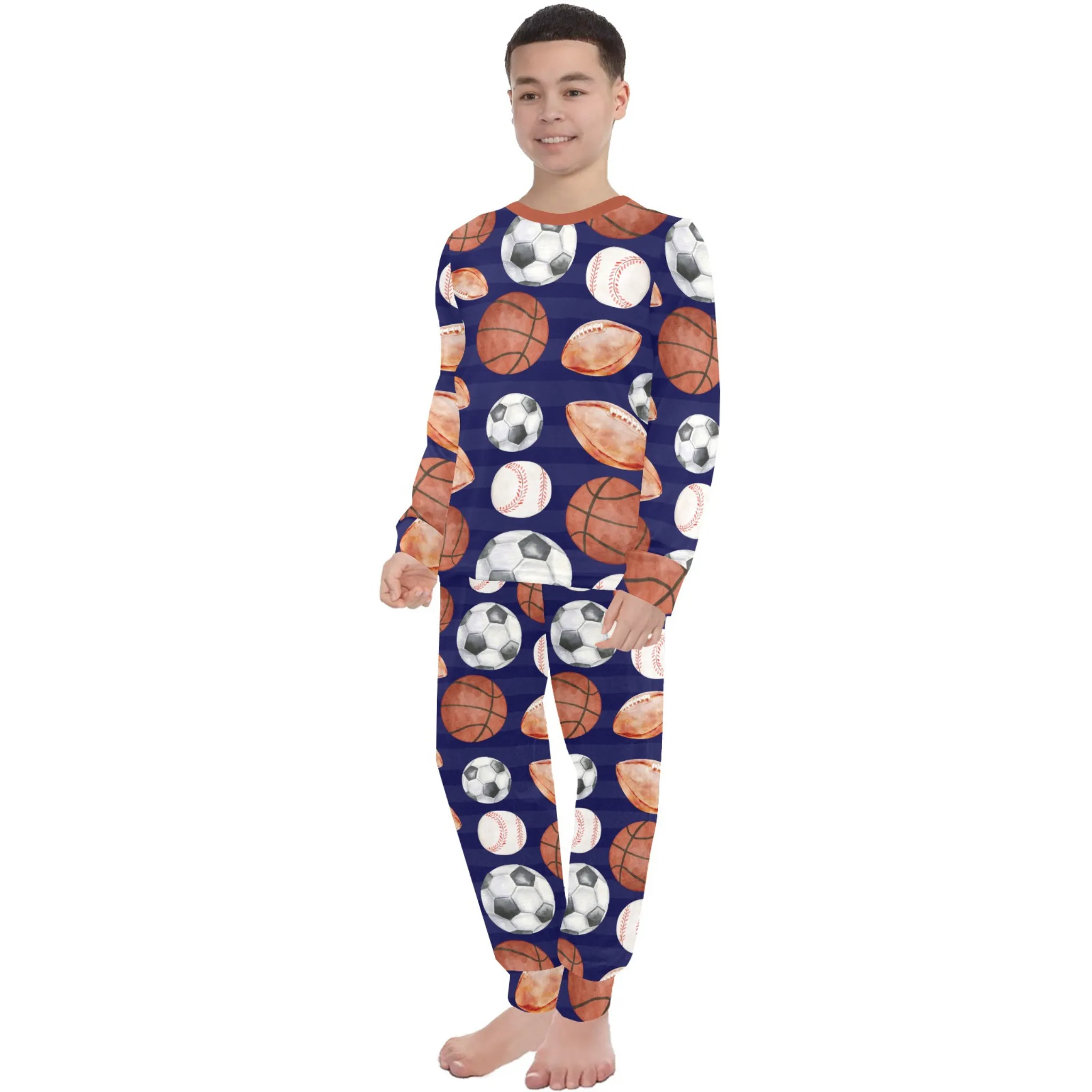 Sports Fan Boys' Pajama Set | Crew Neck Long Pajama Set with Sports Ball Pattern | Soft Long Sleeve Sleepwear for Lounging and Relaxing