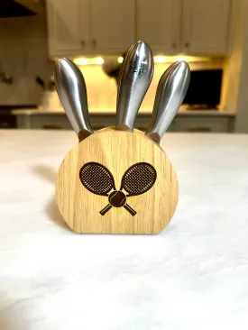 Tennis Engraved Wood Block with 3 Stainless Steel Cheese Utensils