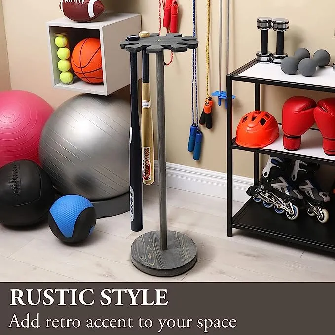 Weathered Gray Baseball Bat Holder Display Rack, Round Wood Freestanding Ball Field Dugout Sport Equipment Storage Stand