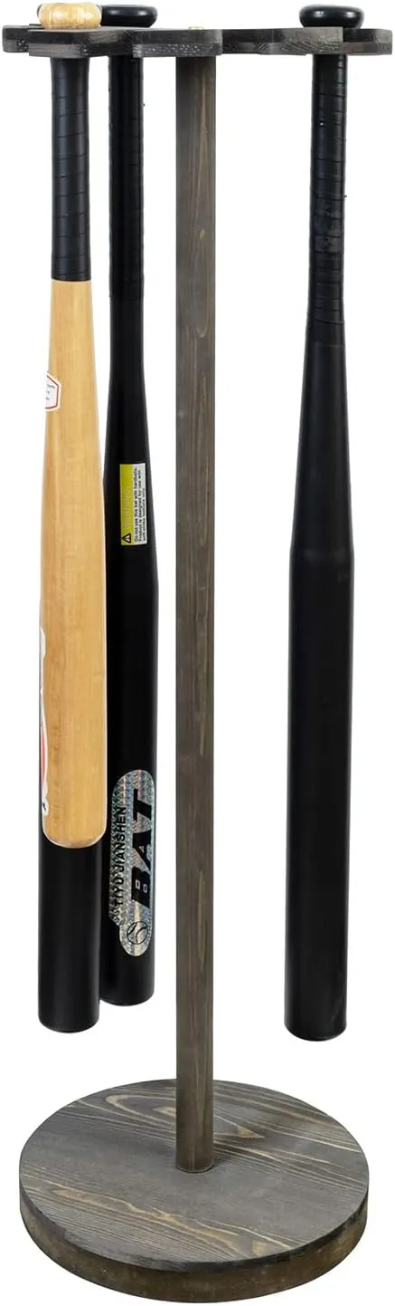 Weathered Gray Baseball Bat Holder Display Rack, Round Wood Freestanding Ball Field Dugout Sport Equipment Storage Stand